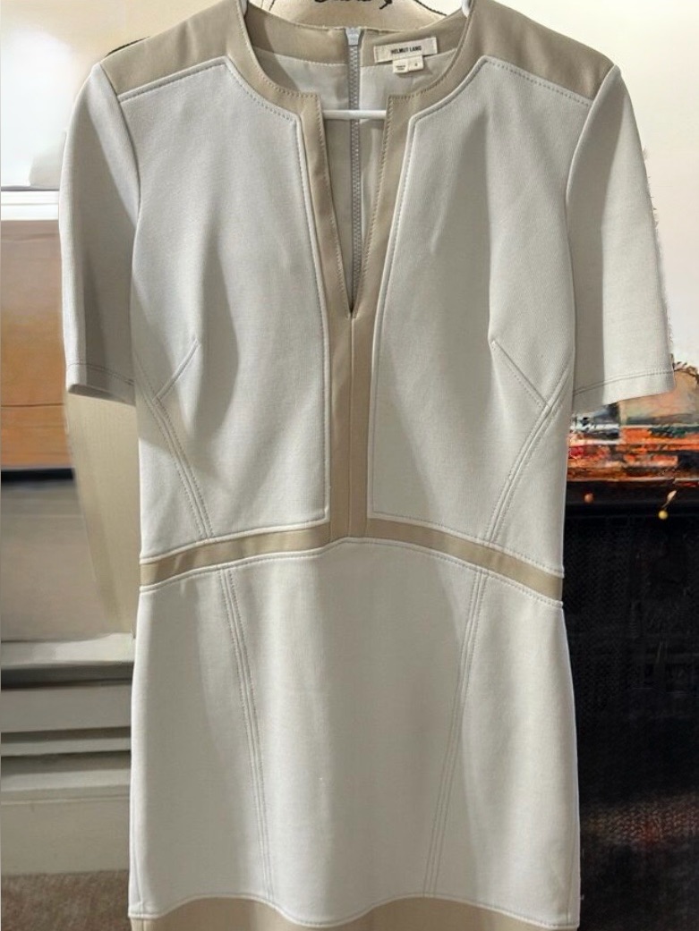 Helmut Lang Cream Dress With Beige Lambskin Leather Trim